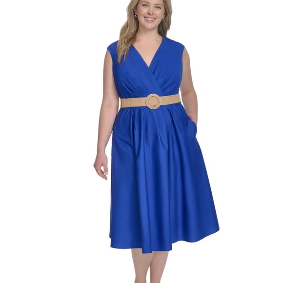 Jessica Howard Plus Size Belted Sleeveless V-Neck Midi Dress, size 20W - Picture 1 of 14